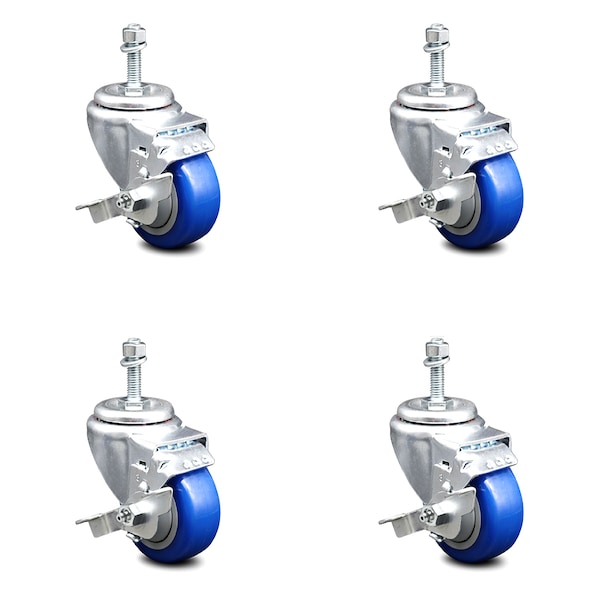 Service Caster 3.5 Inch Blue Polyurethane Swivel 3/8 Inch Threaded Stem Caster Set with Brake SCC-TS20S3514-PPUB-BLUE-TLB-381615-4 - main